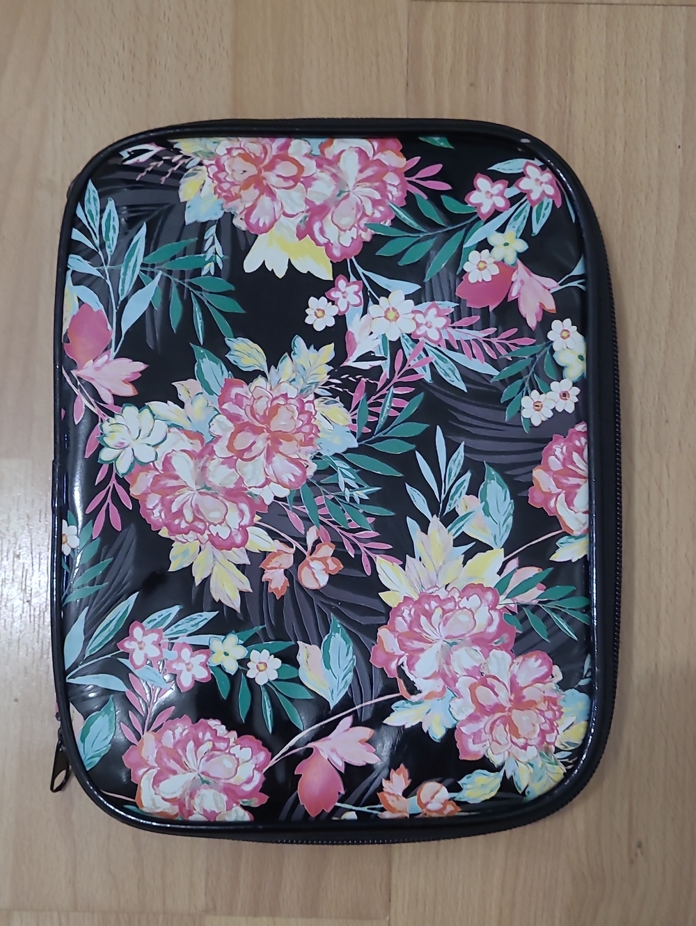 Floral Zip Pouch Organizer - Black Background with Pink, Yellow & Teal Flowers